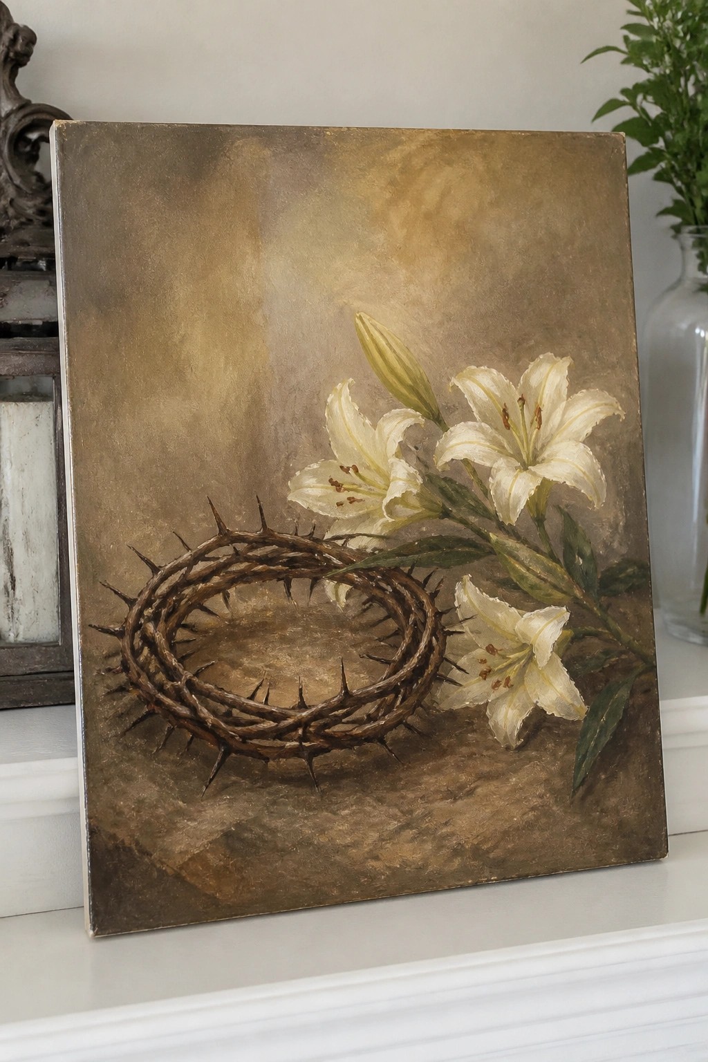Painting of crown of thorns beside white lilies on textured brown background.