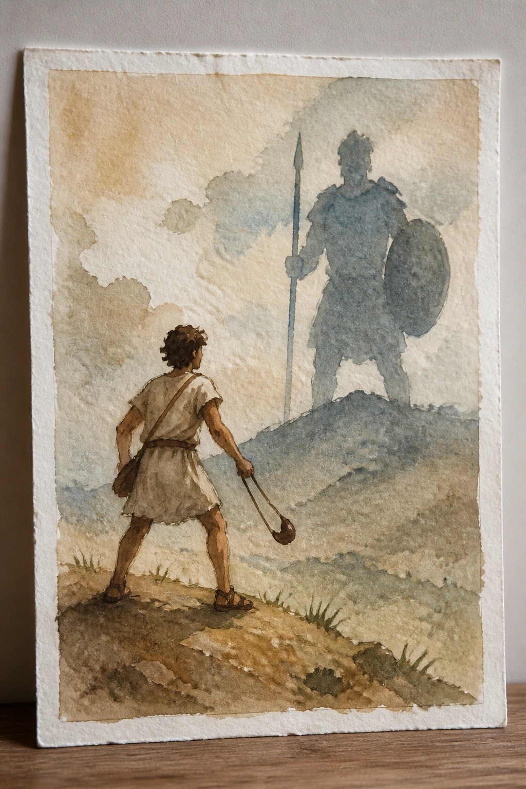 A watercolor painting of a small figure in a tunic holding a sling and facing a large armored warrior with spear and shield on a distant hill.