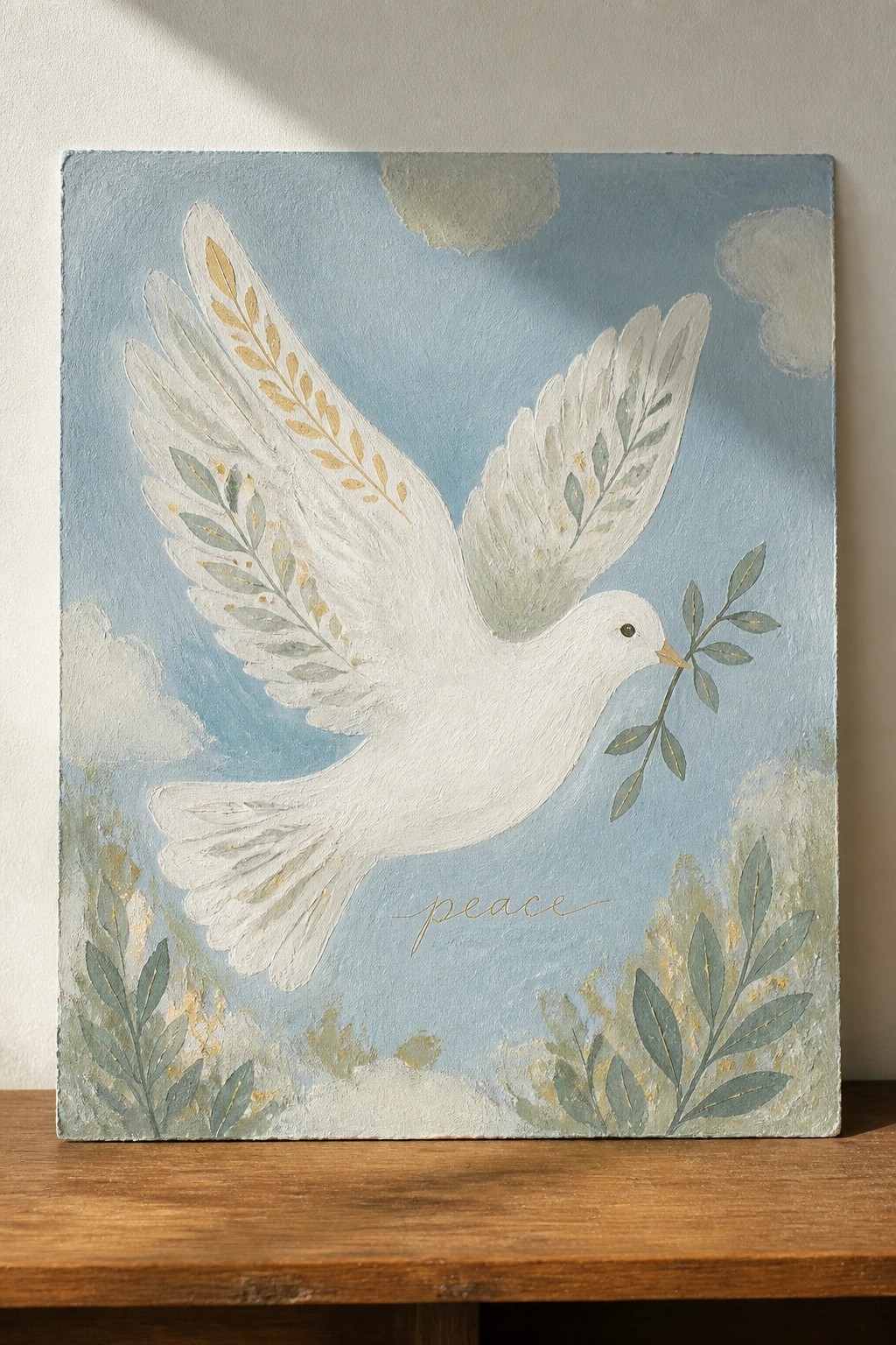 White dove carrying olive branch across blue sky with peace text below