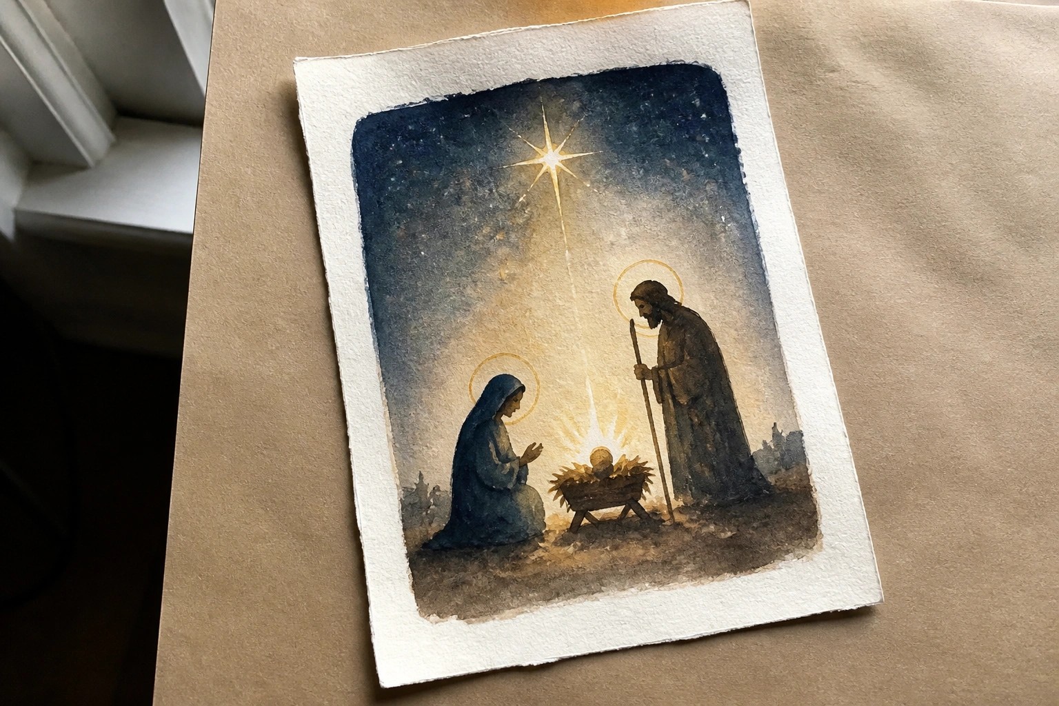 Watercolor nativity with blue-robed Mary, brown-robed Joseph, manger, stable, and glowing star.
