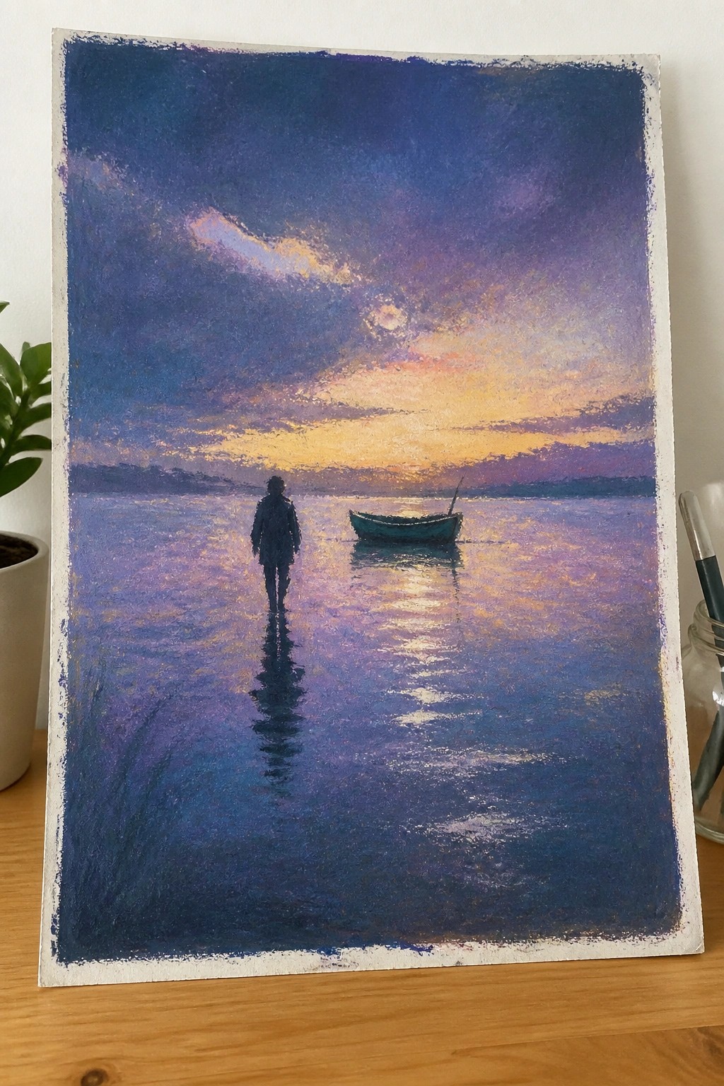 A painting of a person walking into water toward a small boat under a purple and orange sunset sky.