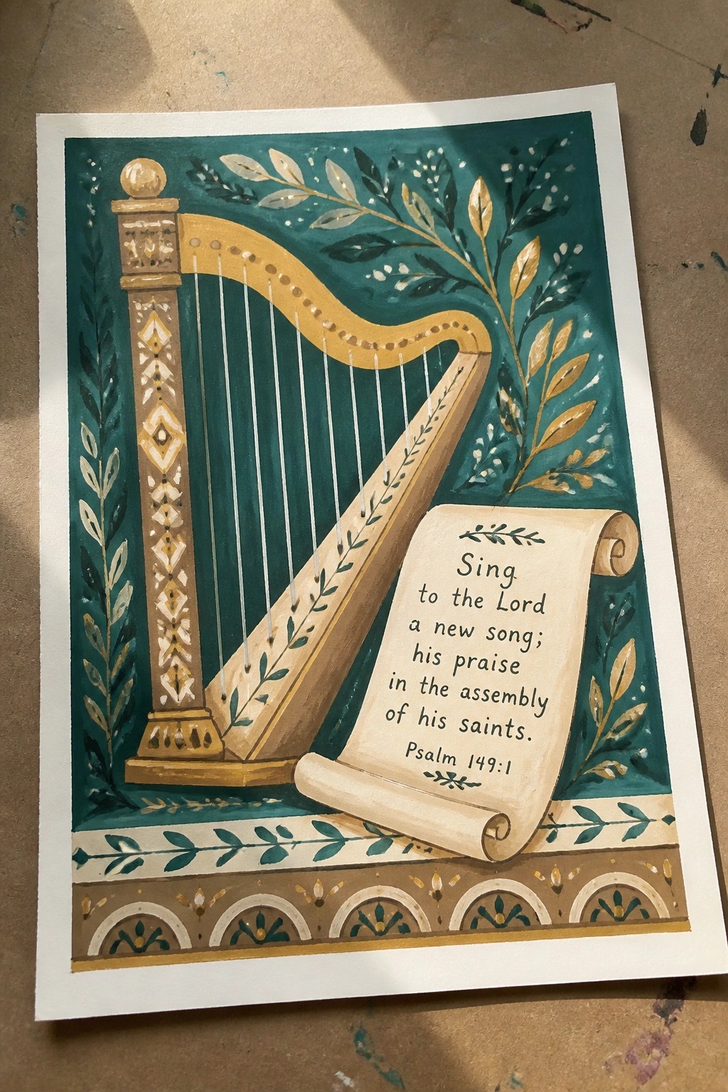 Ornate golden harp beside parchment scroll with Psalm 149:1 on teal foliage background