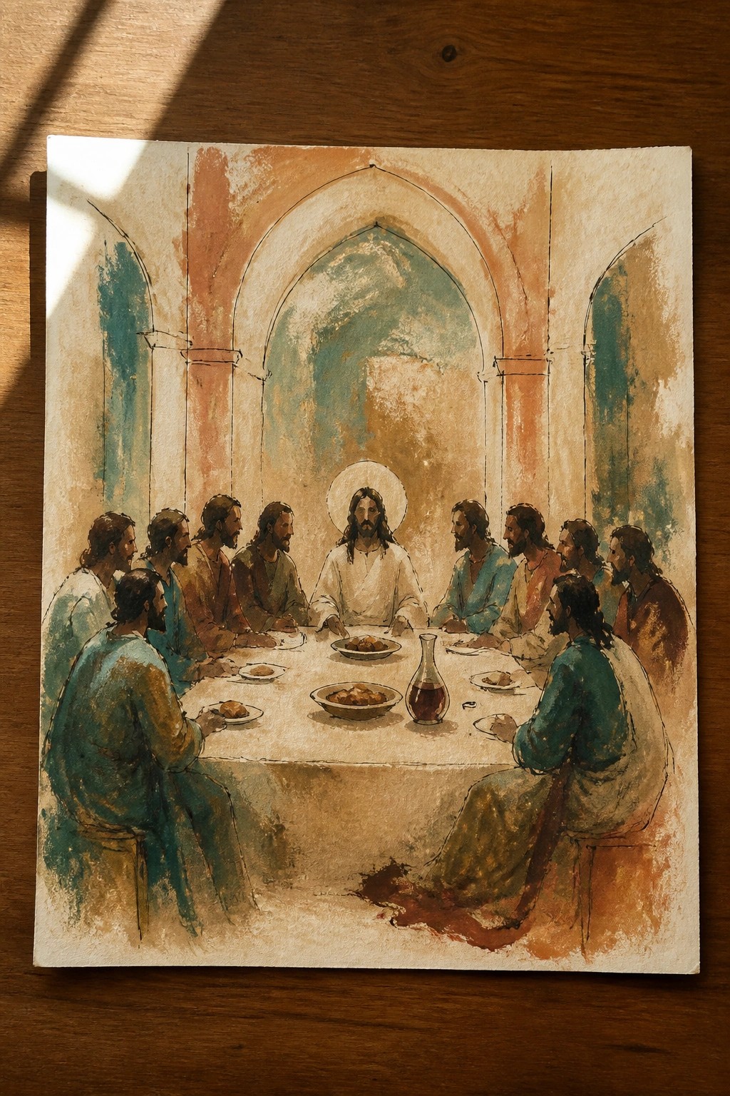 Watercolor of haloed Jesus with robed disciples at long table in arched hall