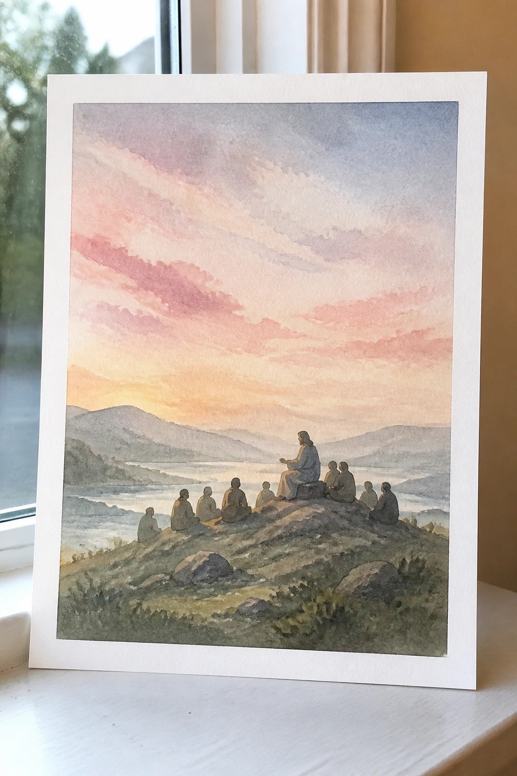 Watercolor of Jesus teaching disciples on a rocky hill under pink-orange sunset sky.