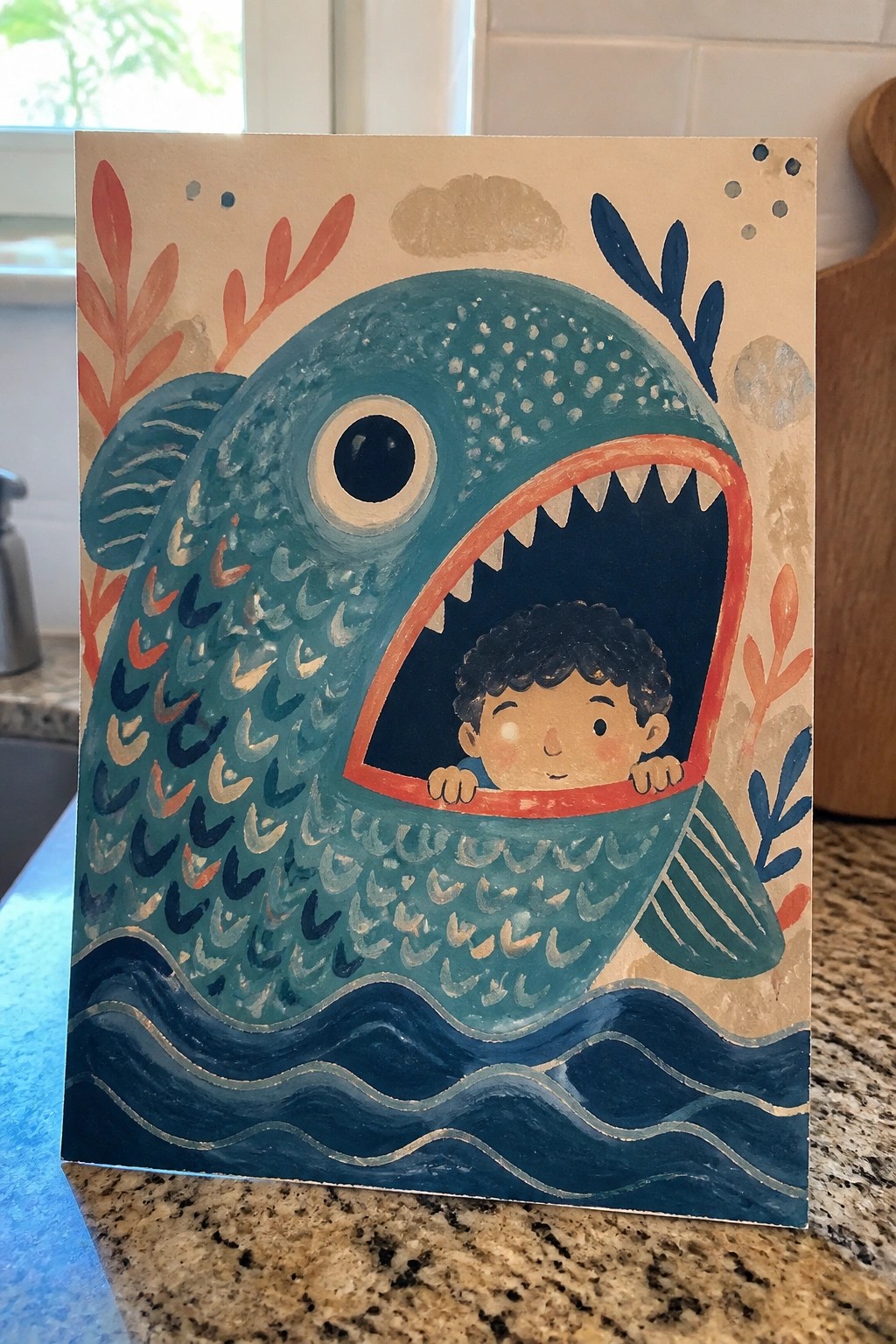 Colorful illustration of boy peeking from open mouth of large teal fish above waves.