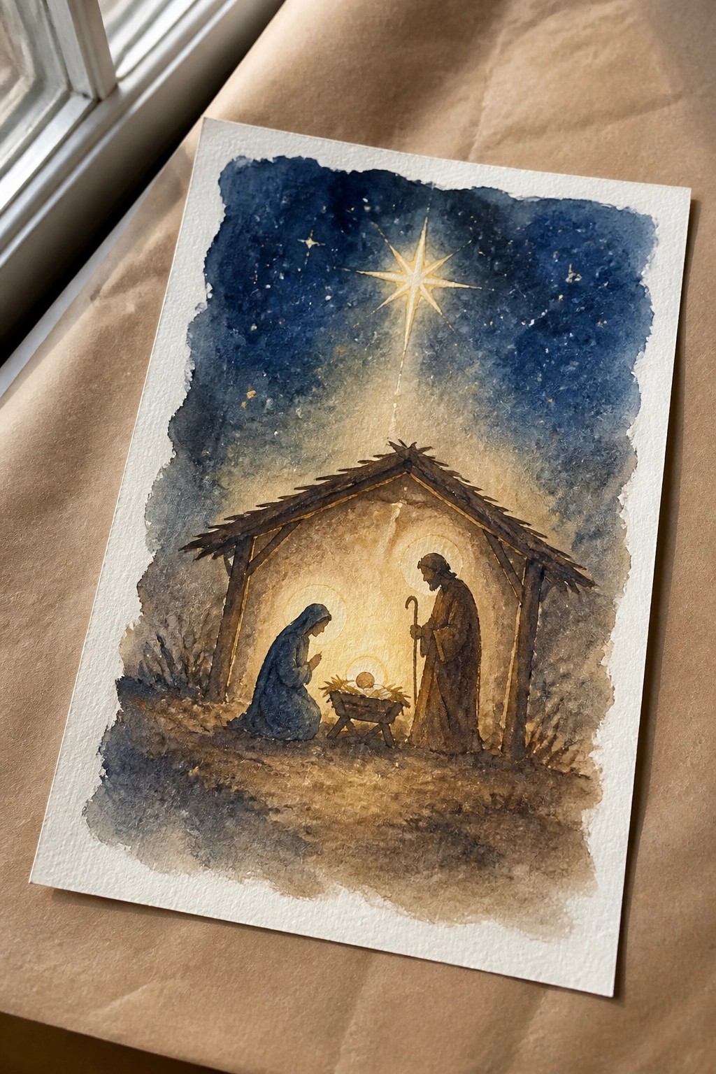 Watercolor nativity with blue-robed Mary, brown-robed Joseph, manger, stable, and glowing star.