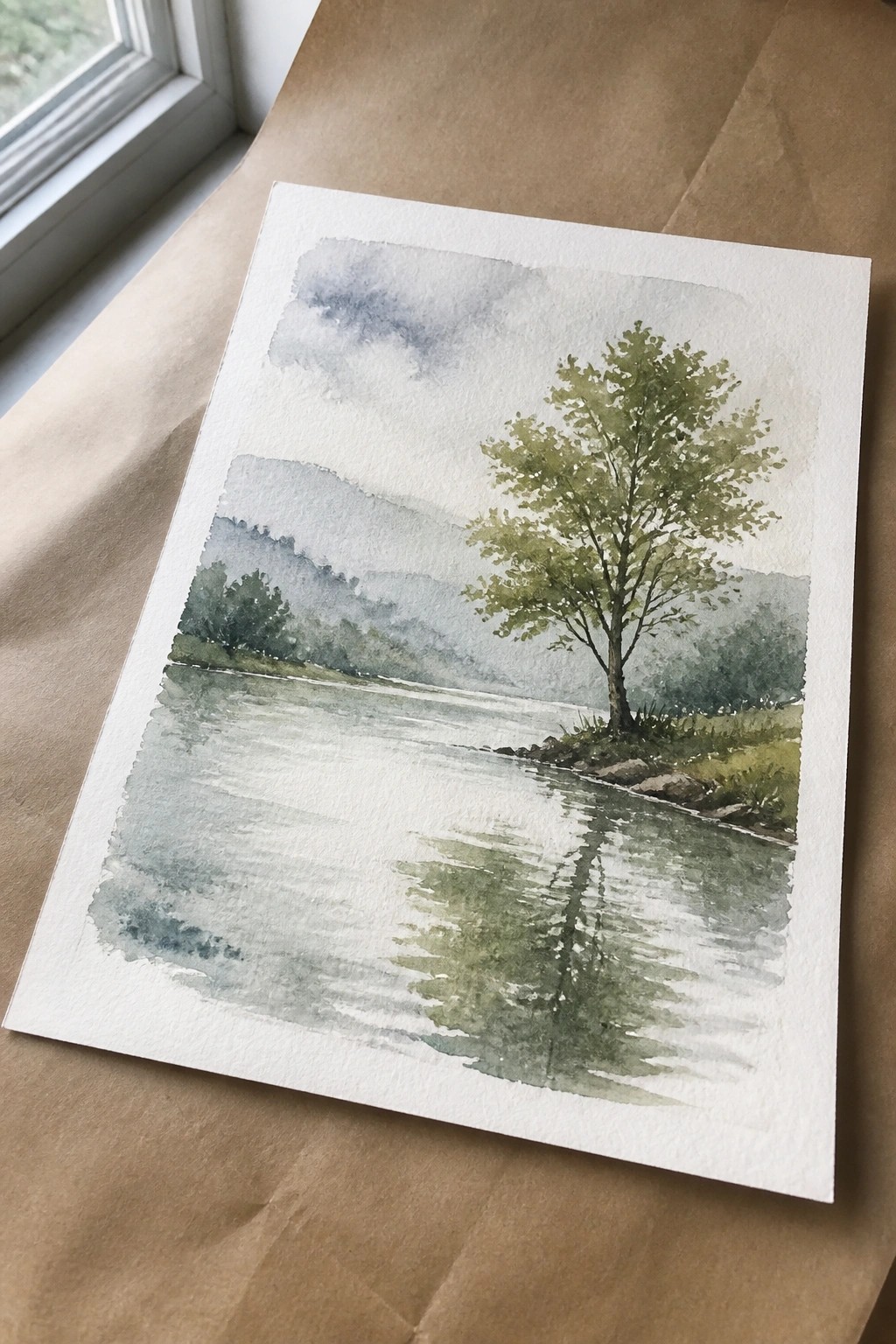 Watercolor landscape of calm river, lone tree, misty mountains, and cloudy sky on paper