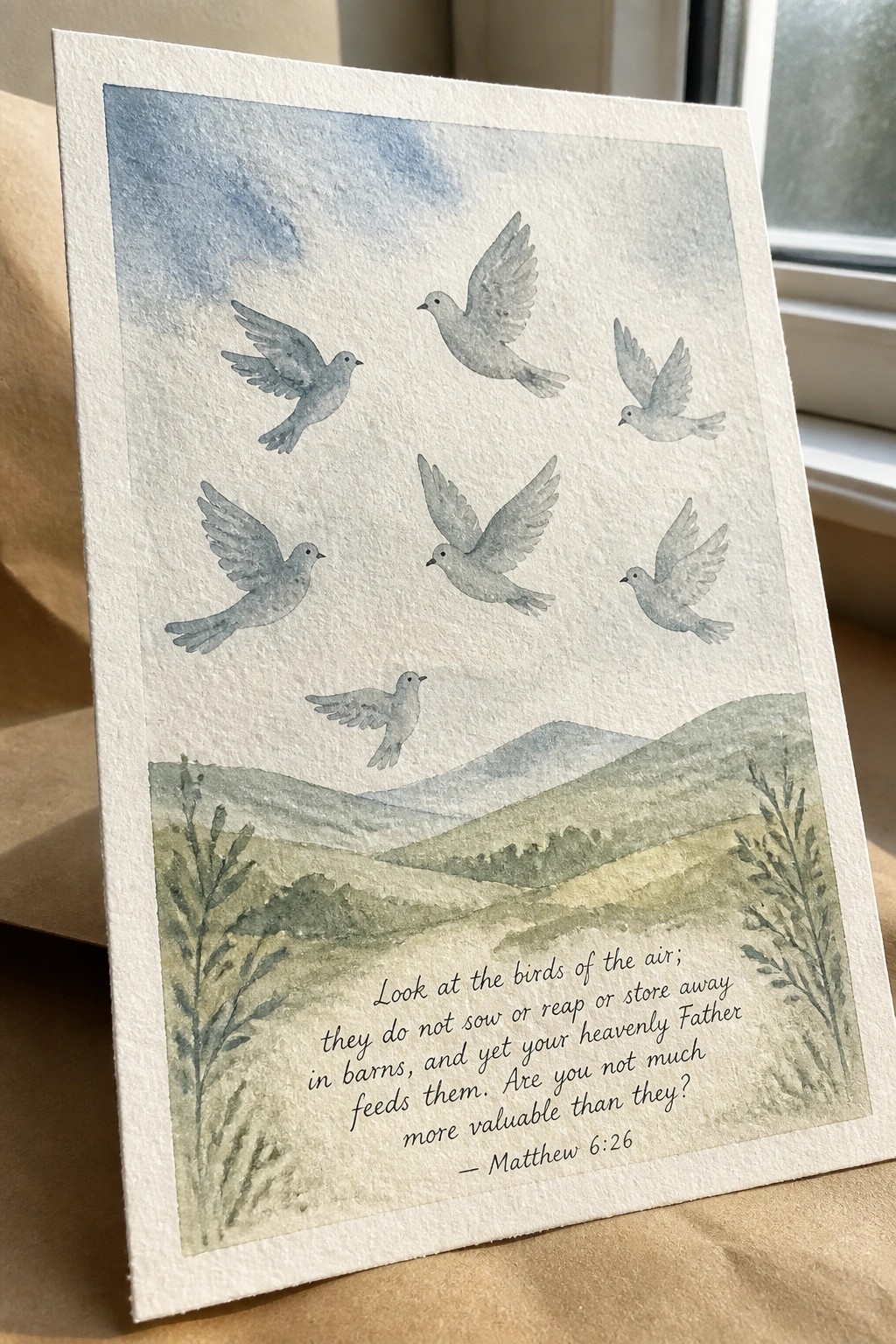 Watercolor of six white doves flying over green hills with Matthew 6:26 verse below