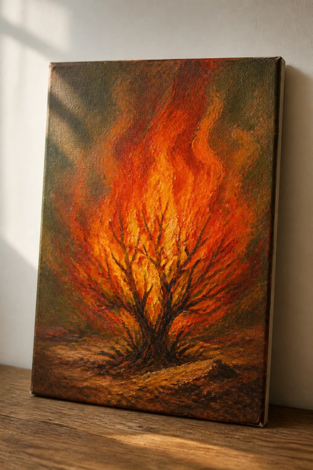 Vibrant oil painting of a fiery tree with swirling orange and red flames on canvas.