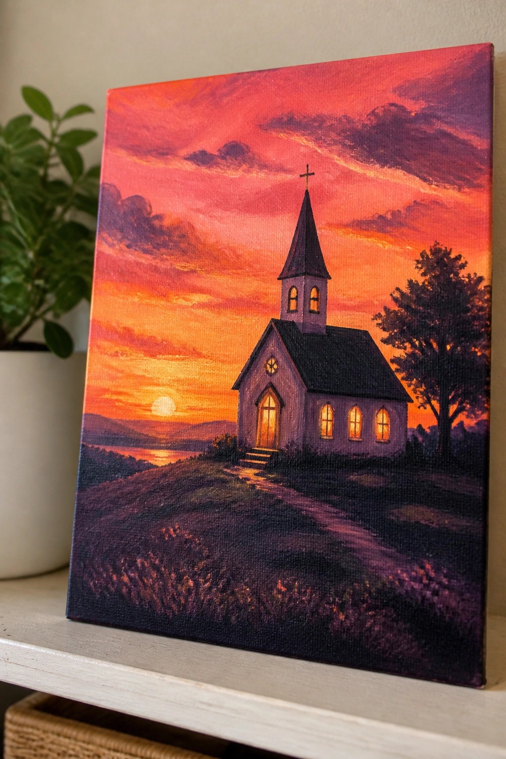 Vibrant painting of a purple church with steeple under a red-orange sunset sky