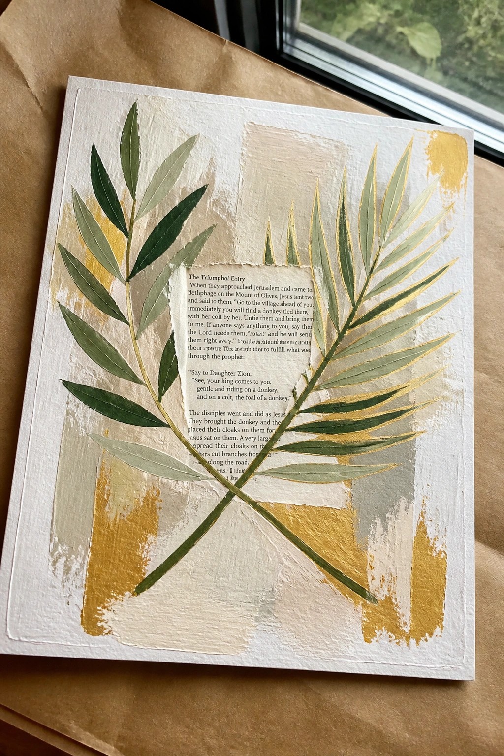Artwork with green gold-edged leaves crossed over centered biblical scripture text.