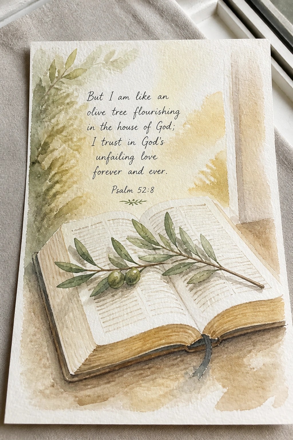 Watercolor of open book with olive branch and Psalm 52:8 verse in soft greens and browns