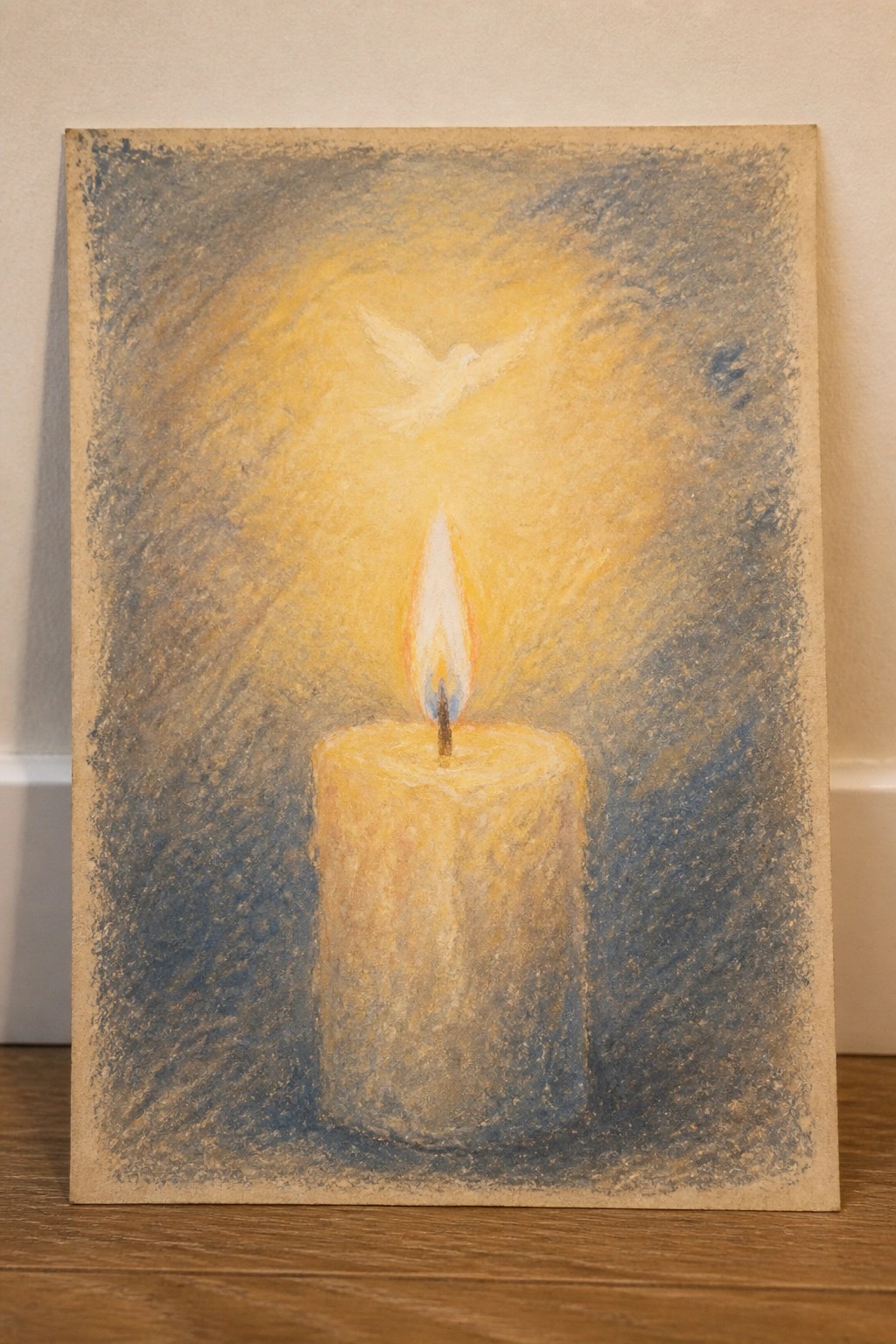 Pastel drawing of a lit candle with white dove flying in glowing yellow light