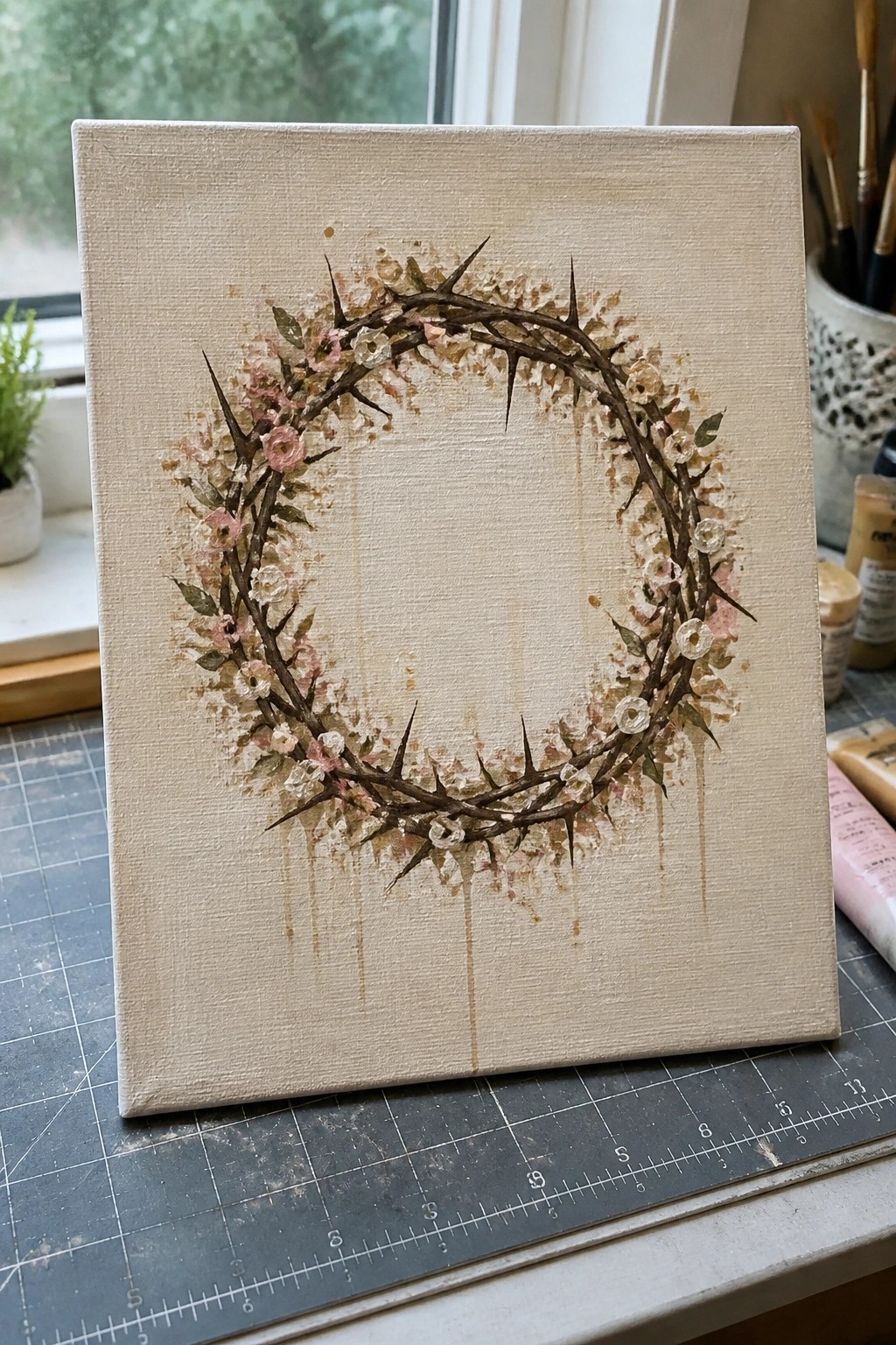 Floral crown of thorns with pink blooms on beige canvas in studio setting