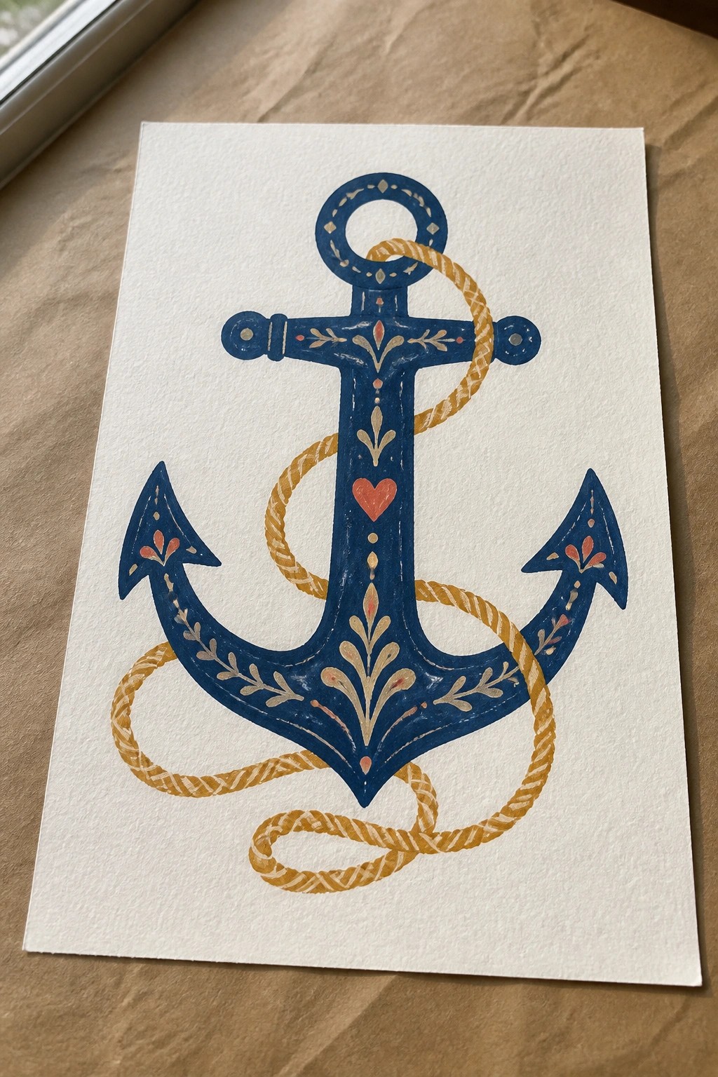 Blue anchor with yellow rope wrapped around it, leaf patterns, and a red heart on white paper.