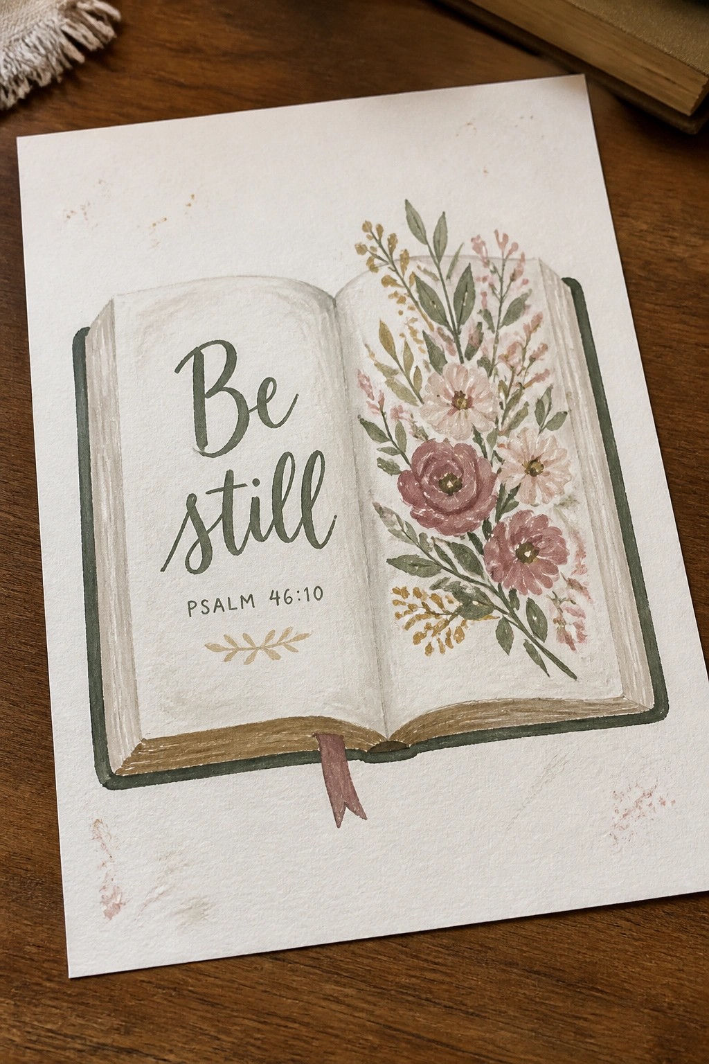 A watercolor-style painting of an open book on a wooden table showing the text 