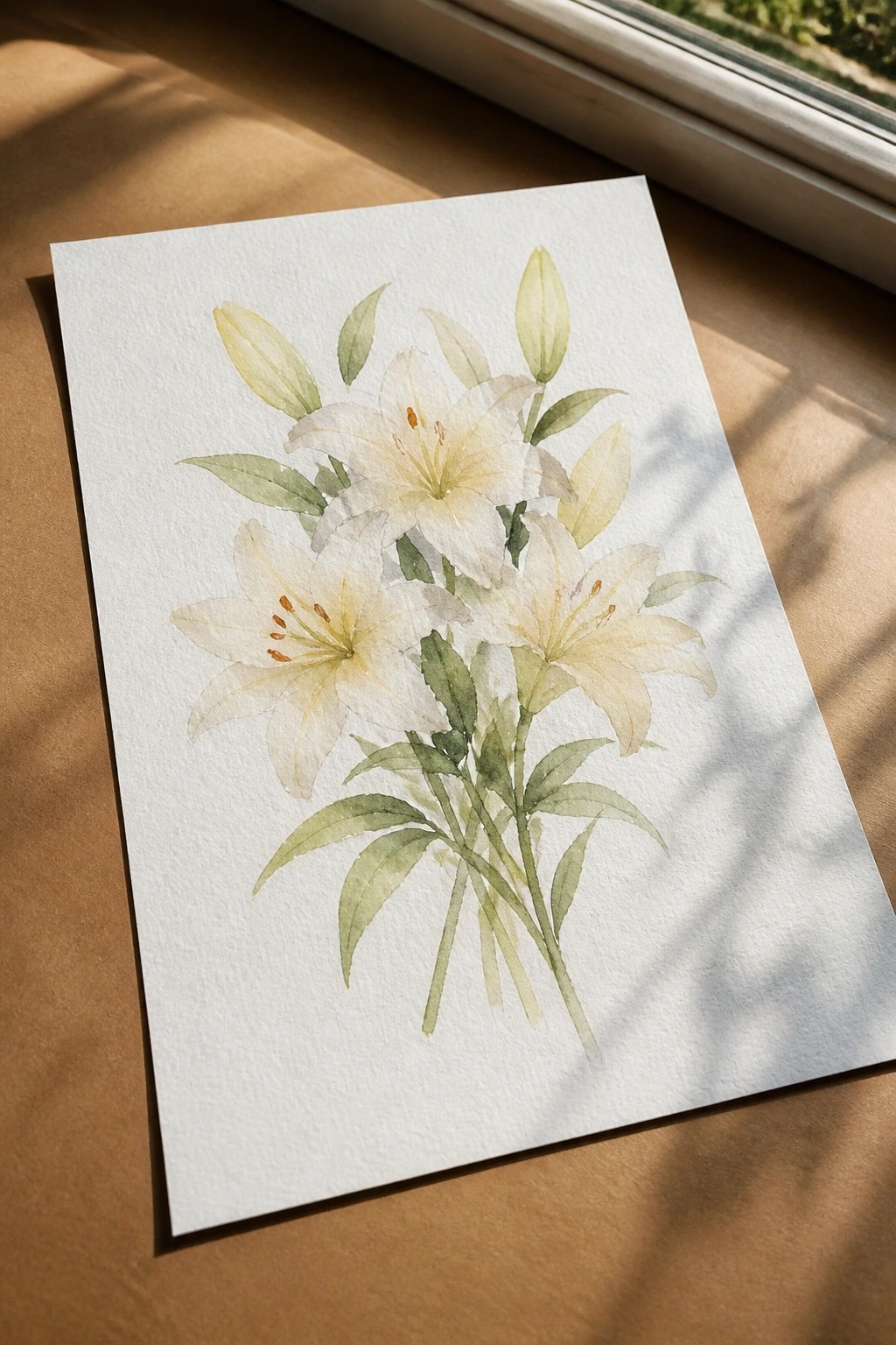 Watercolor painting of white lilies with green leaves and buds on paper in sunlight