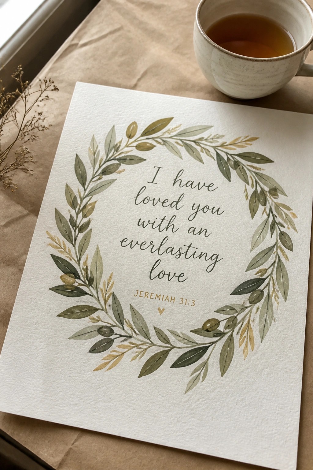 Watercolor green-gold leaf wreath with Jeremiah 31:3 quote beside ceramic tea mug