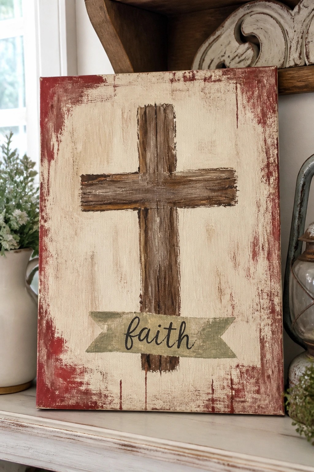 Distressed red and white wooden sign with brown cross and faith banner.