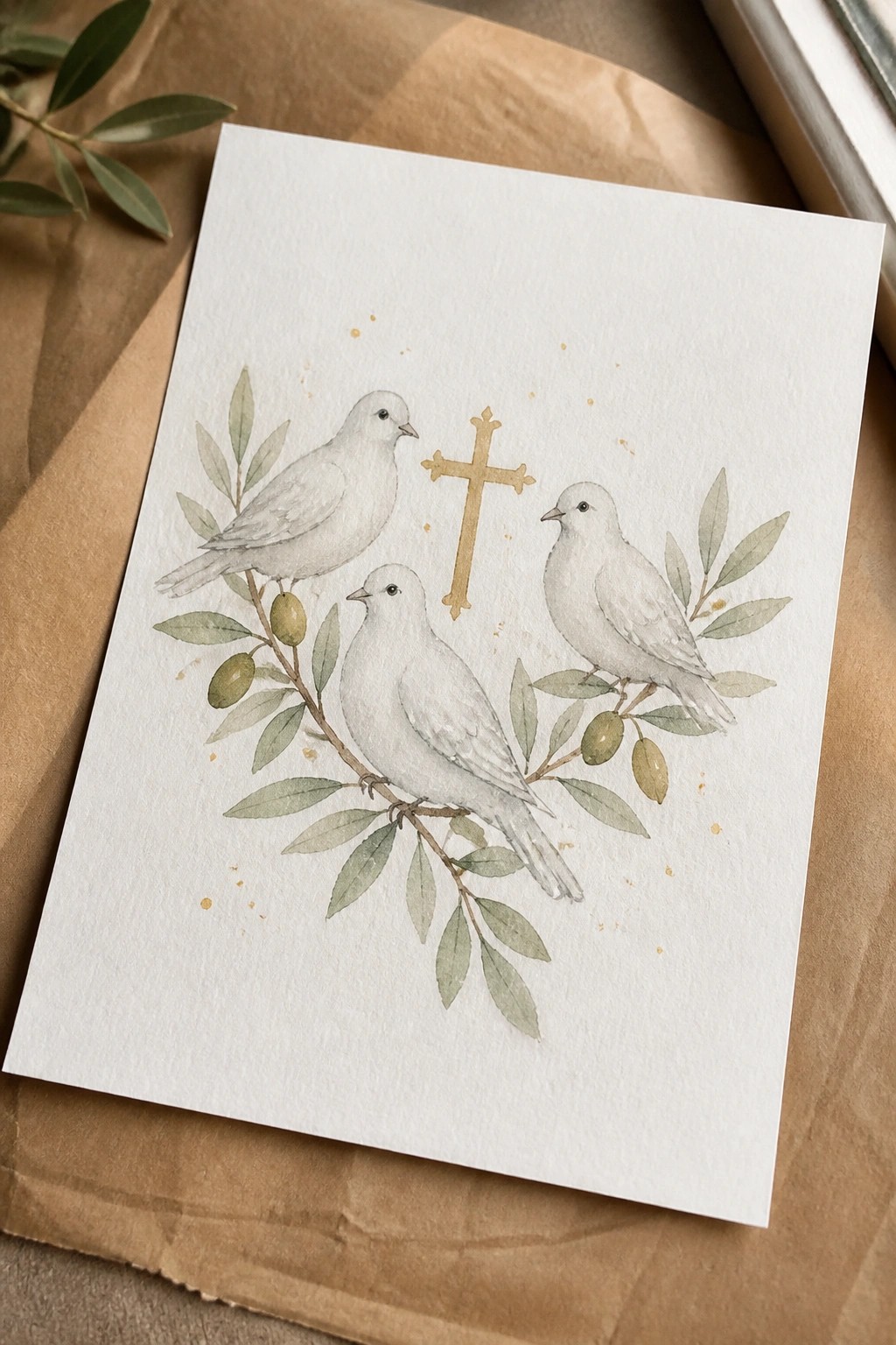 Three white doves on olive branches flank a golden cross in delicate watercolor.