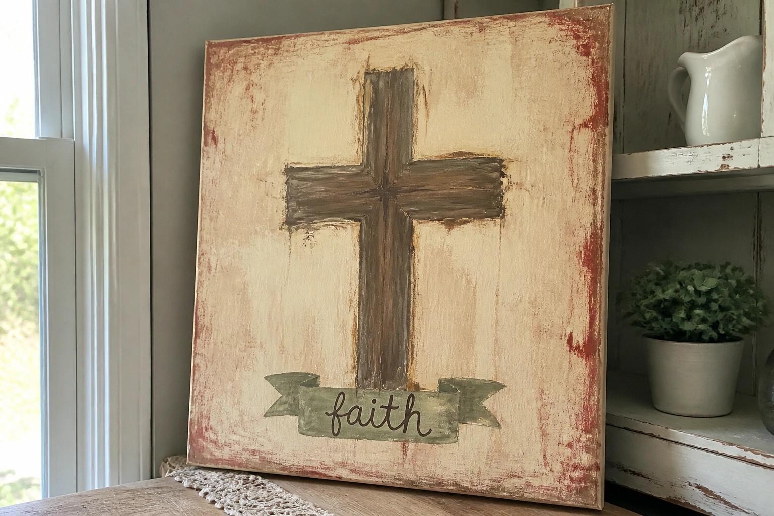 Distressed red and white wooden sign with brown cross and faith banner.