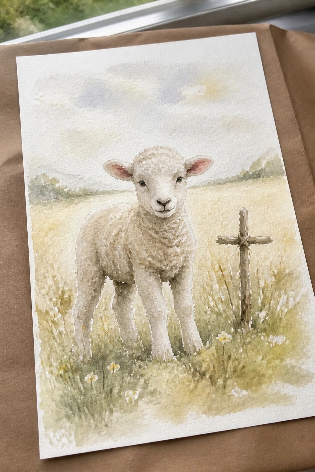 A watercolor painting of a white lamb standing in a grassy field next to a wooden cross.