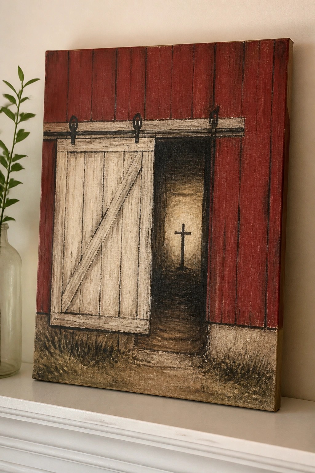 Rustic painting of red barn with white doors open revealing cross on mantel beside plant