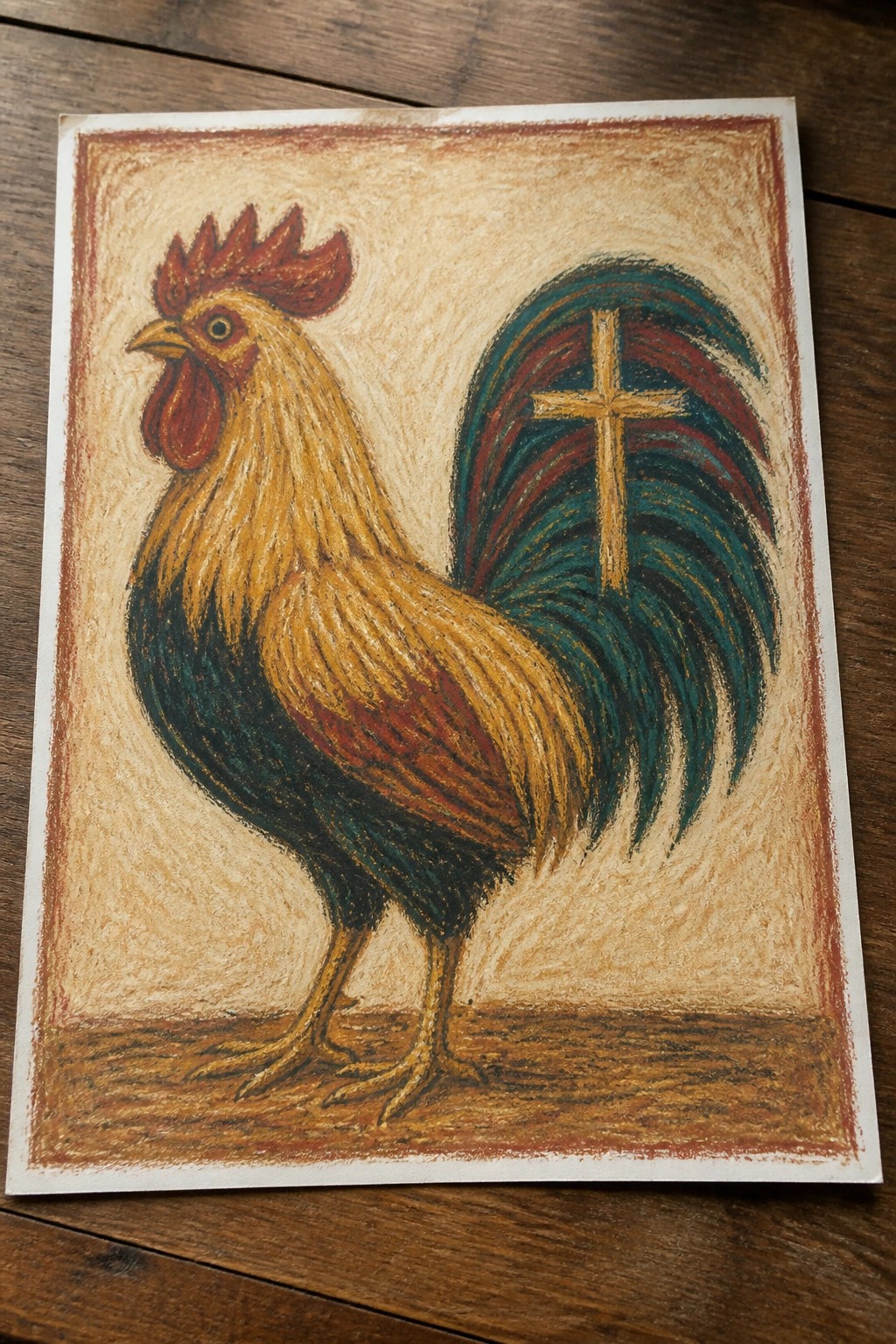 Vibrant crayon drawing of rooster with golden cross on teal tail feathers.
