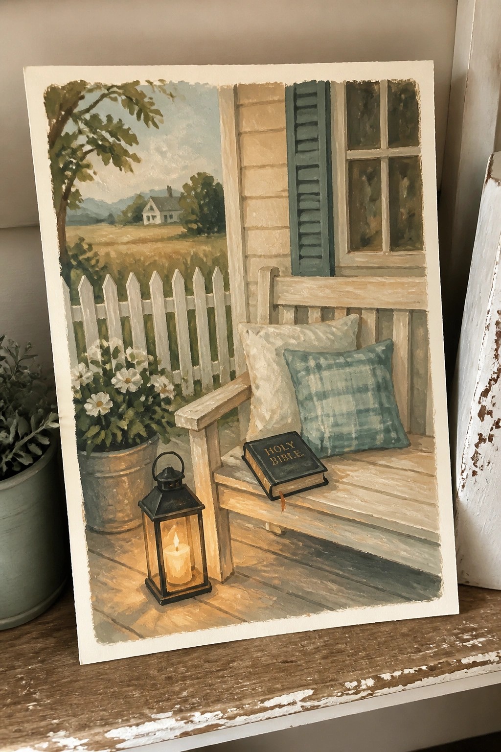 Painting of wooden porch bench with Holy Bible, pillows, lit lantern, and rural landscape view