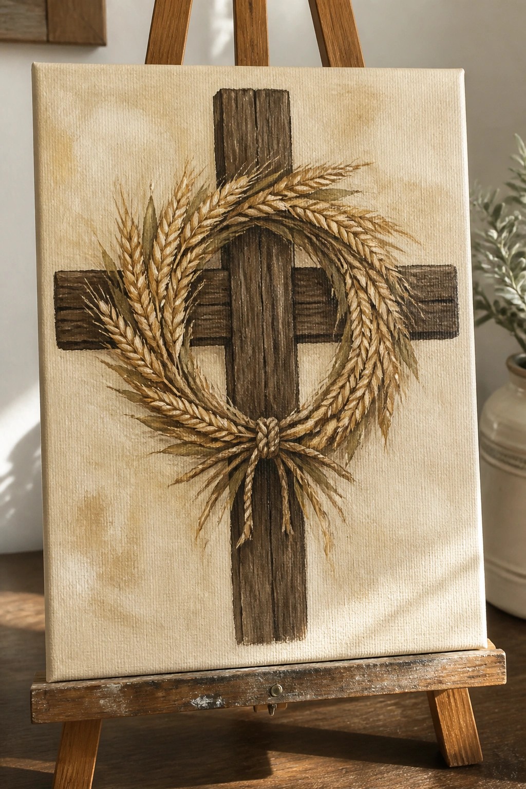 Rustic wooden cross with golden wheat wreath tied by rope on beige canvas on easel