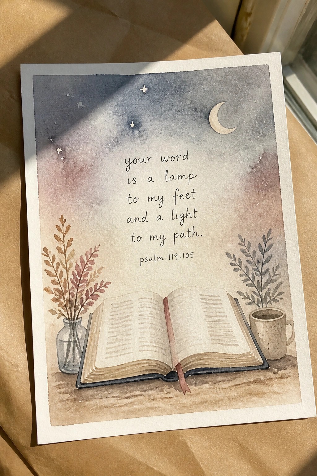 Watercolor of open book, vase with branches, mug, and plants under starry night sky with verse