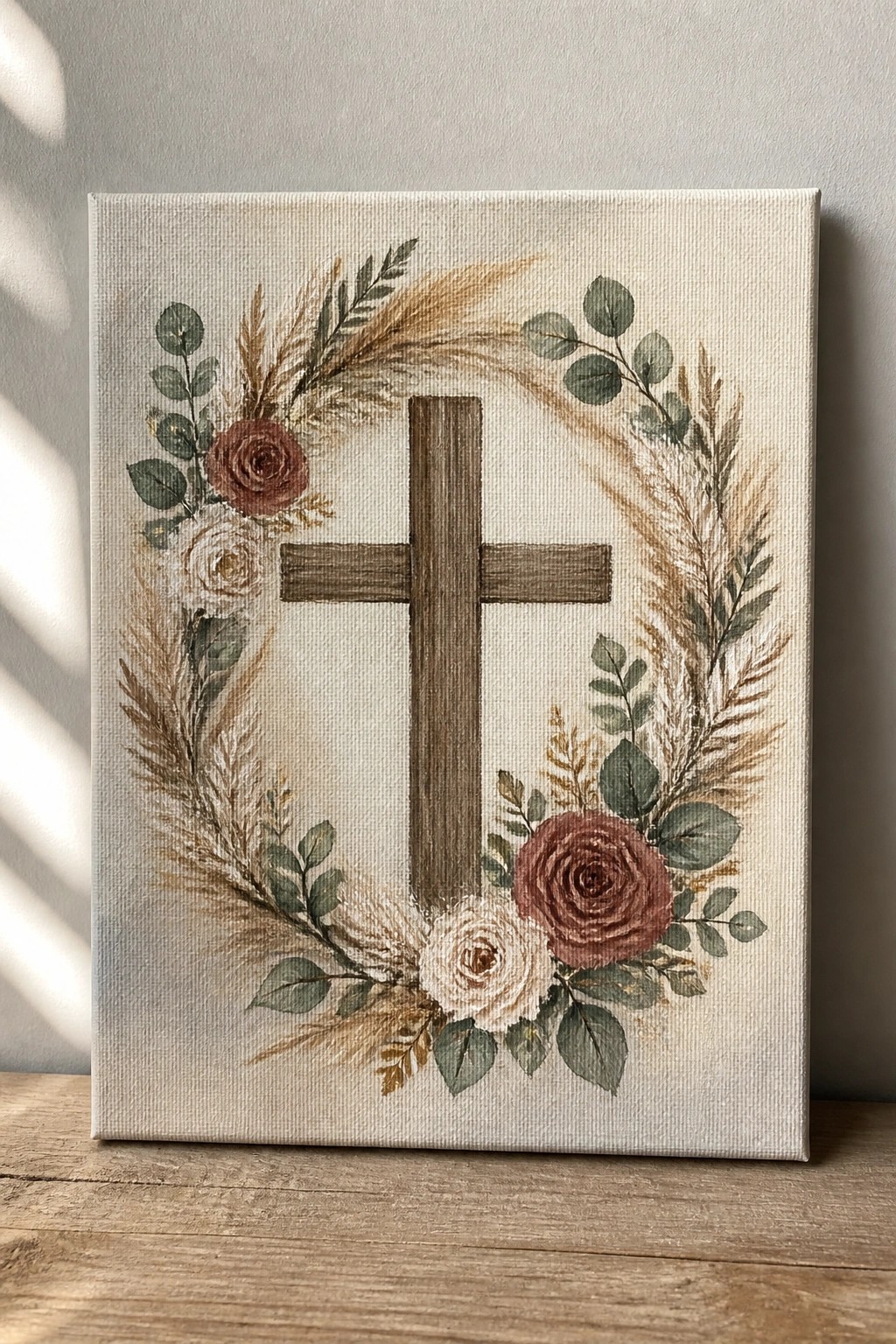 Rustic canvas painting of wooden cross in floral wreath with roses and dried grasses