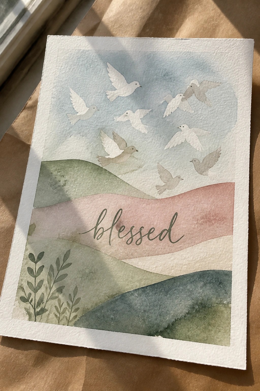 Watercolor of white doves flying over green hills with pink 