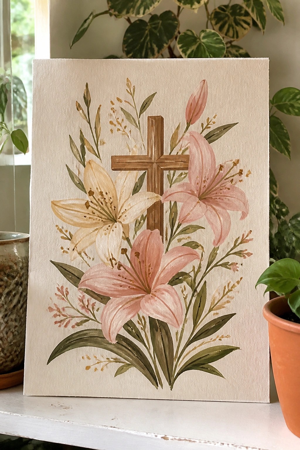 Watercolor painting of pink and white lilies around a wooden cross with greenery