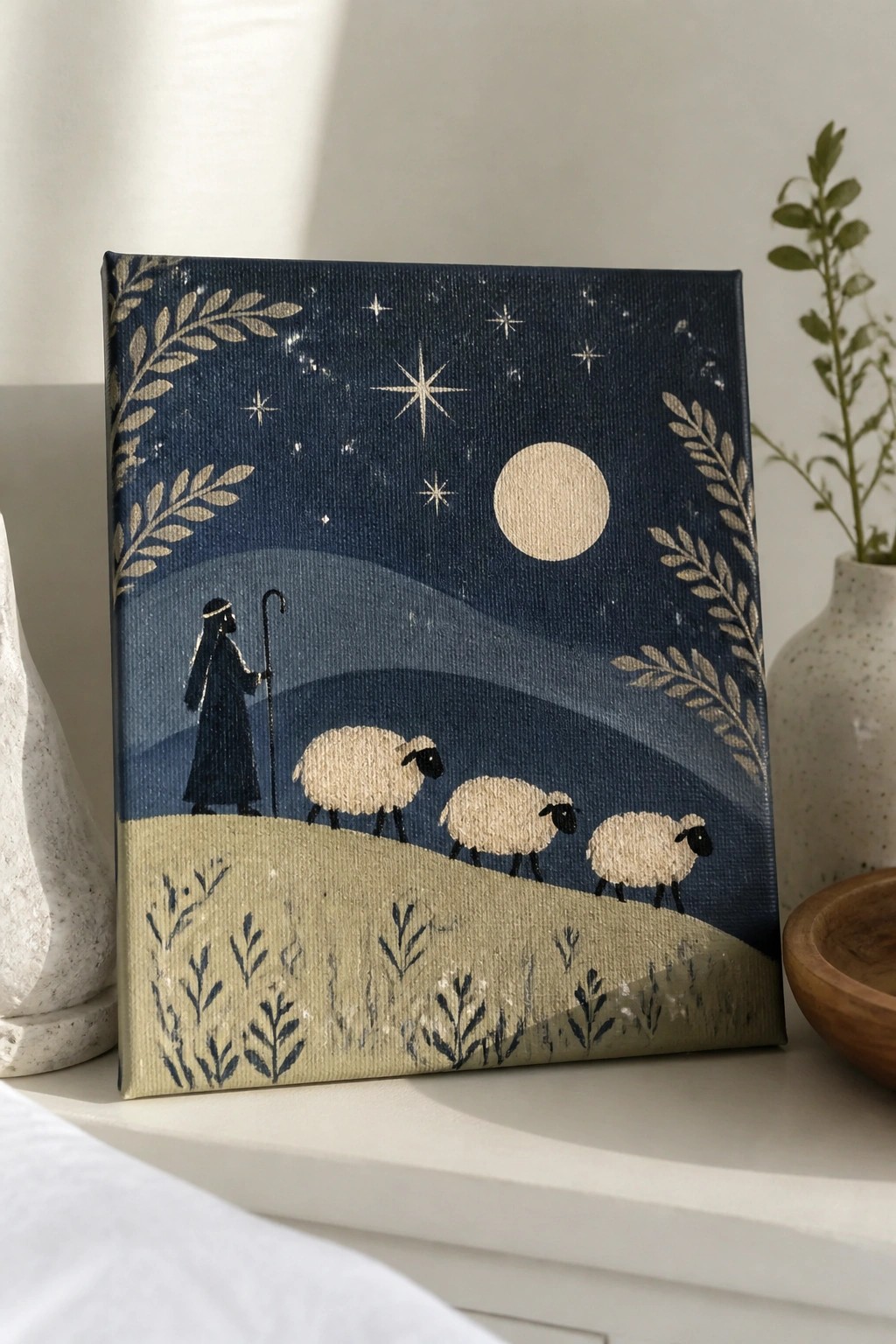 Robe-clad shepherd leads three sheep across hills under starry night sky with moon and gold leaves.