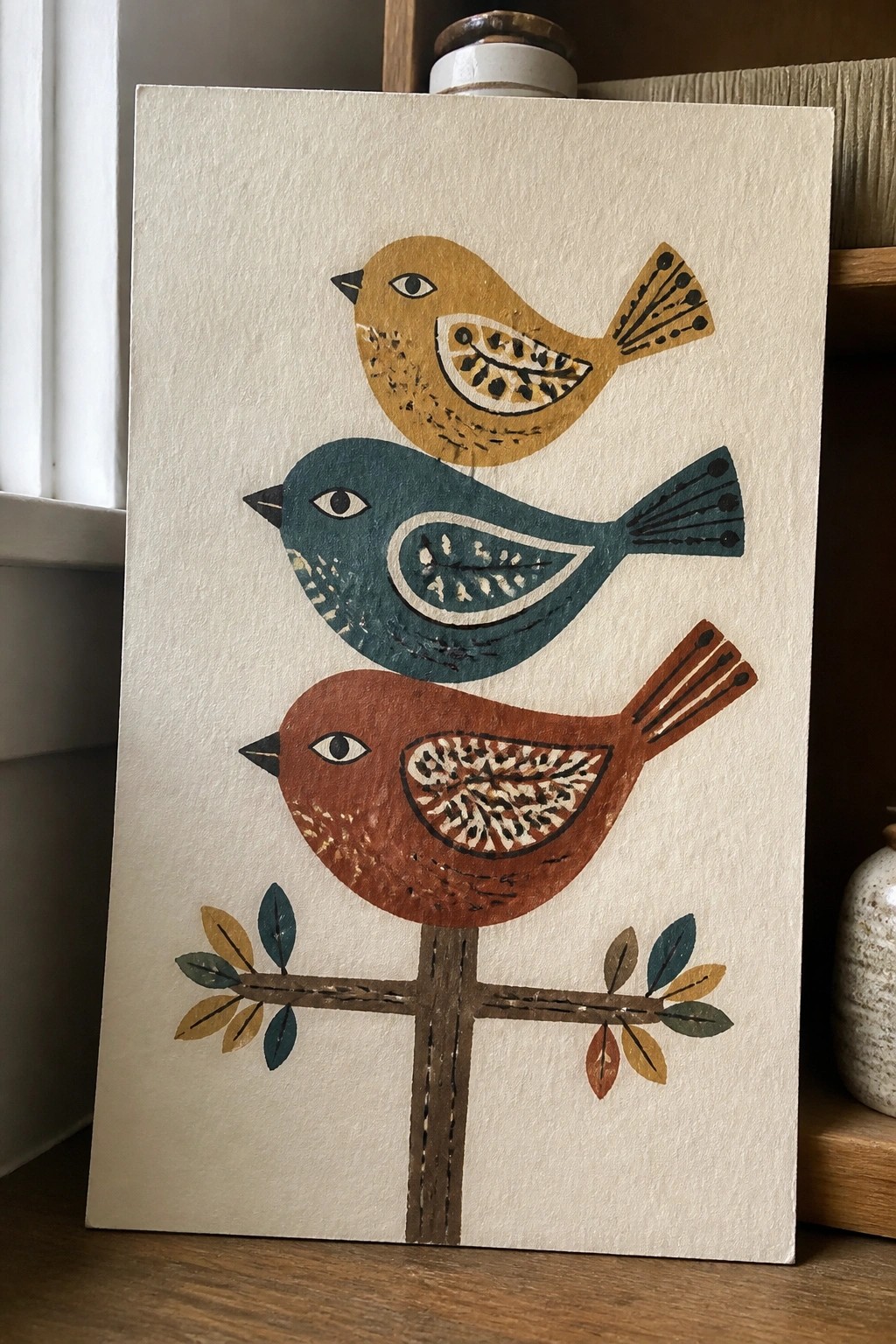 Three colorful stylized birds stacked on a leafy branch in folk-art style.
