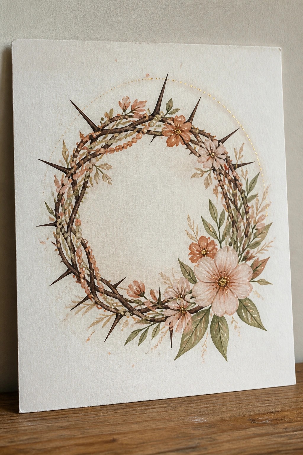 Watercolor wreath of thorns with peach blossoms, leaves, beads, and gold accents
