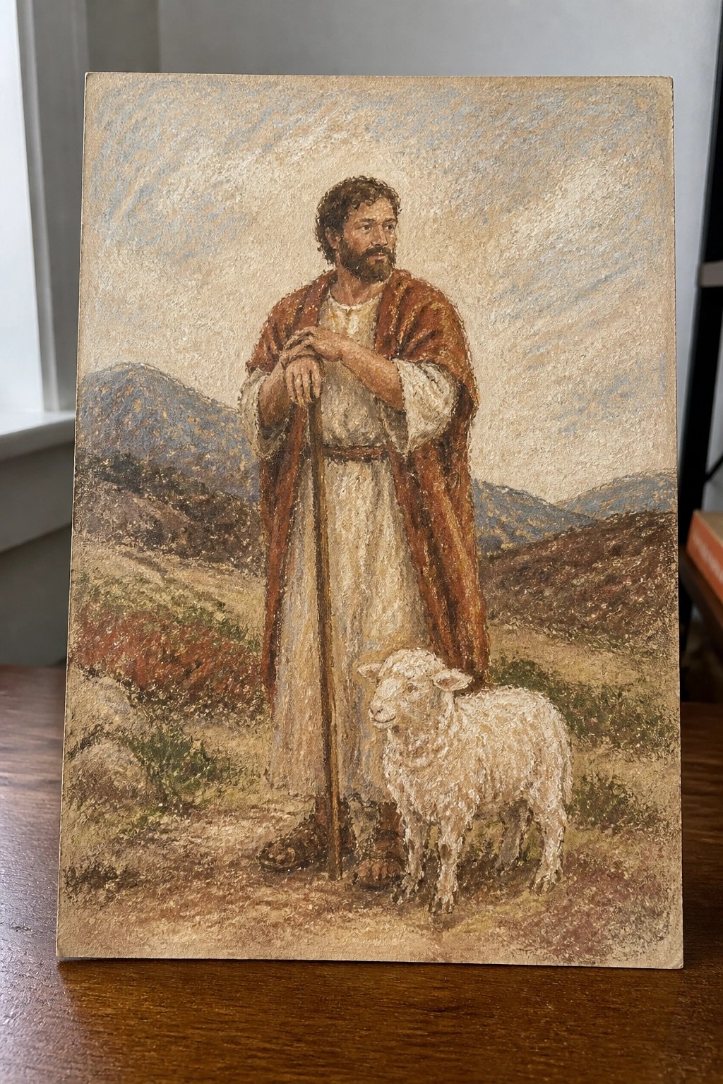 Bearded man in white robe and brown cloak holds staff beside lamb in hills.