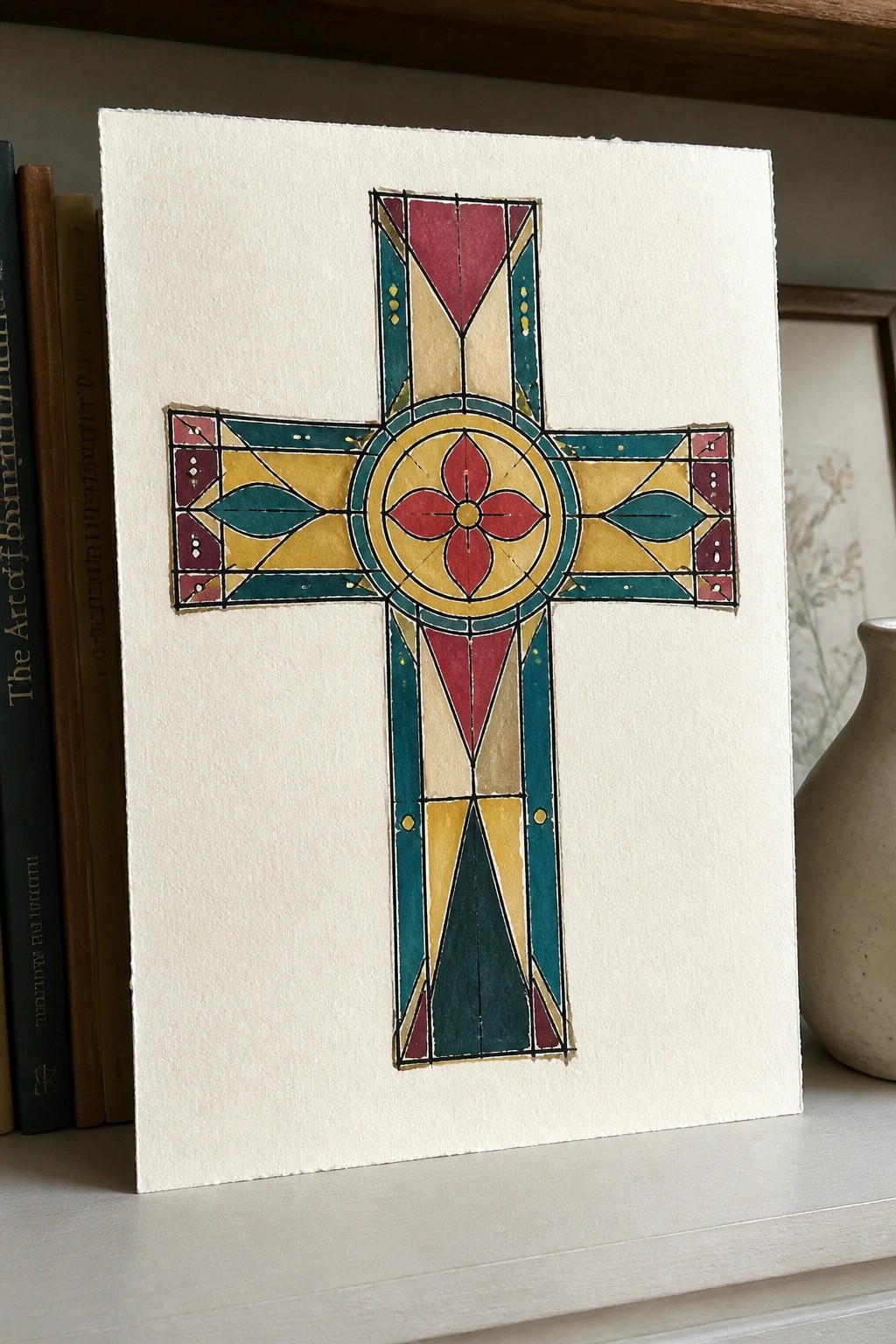 Colorful stained-glass style cross painting in red, teal, and yellow on white paper