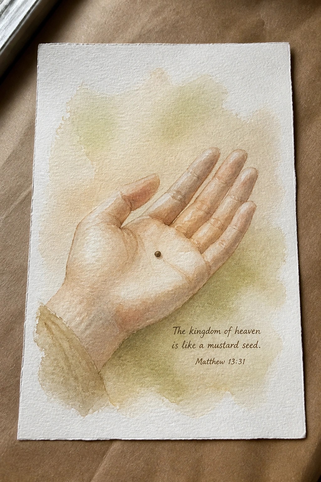 Watercolor painting of an open hand holding a small mustard seed with biblical text below.