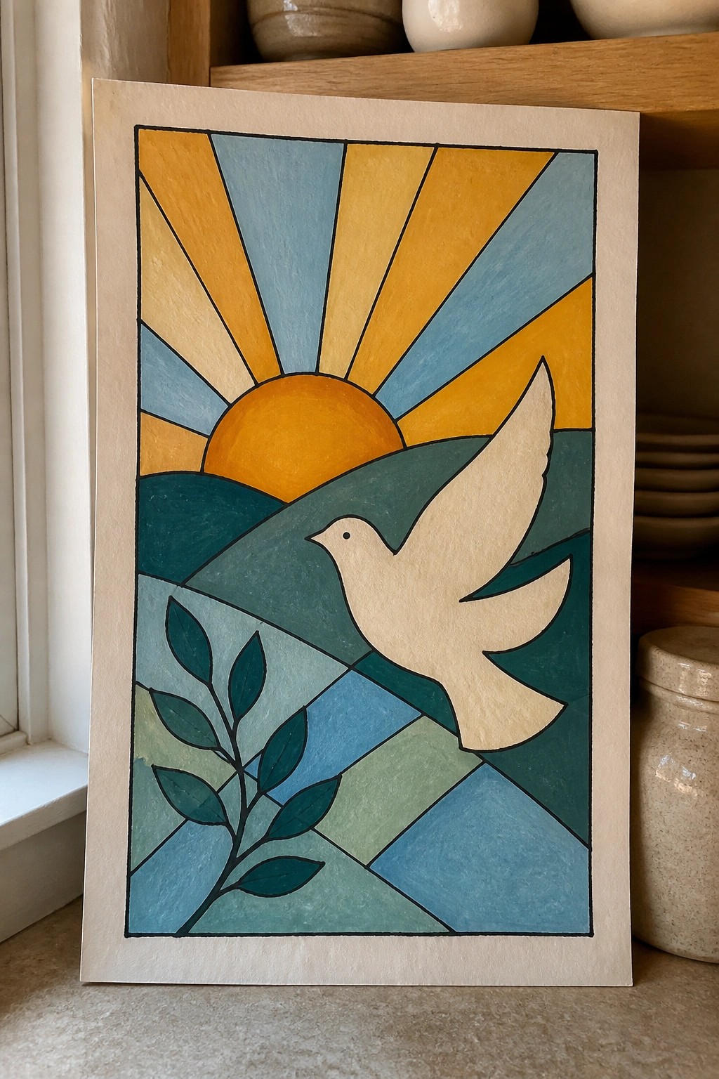 Colorful geometric stained-glass style art of sunrise with flying dove and foliage.