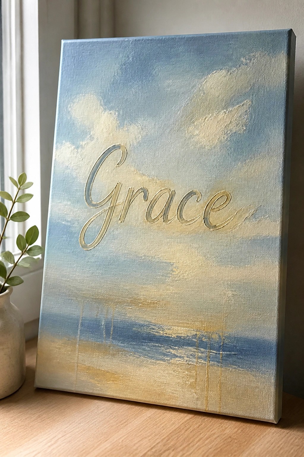Canvas with blue sky and clouds, gold cursive 