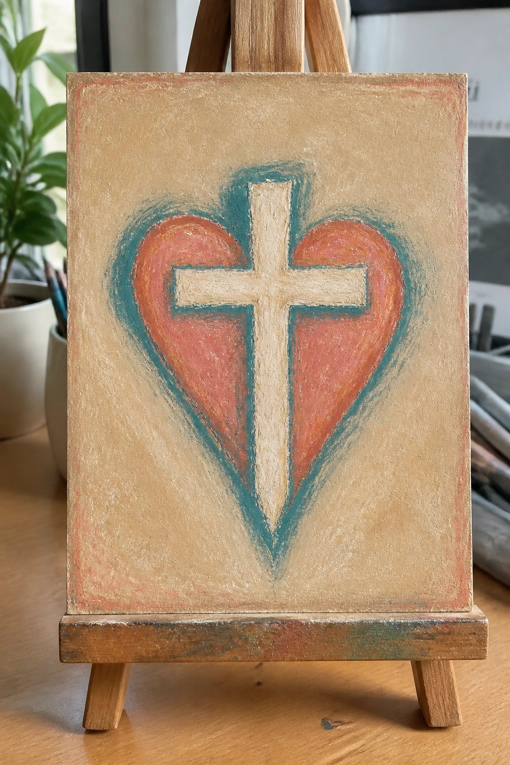 Textured painting of red heart with teal border and white cross on easel