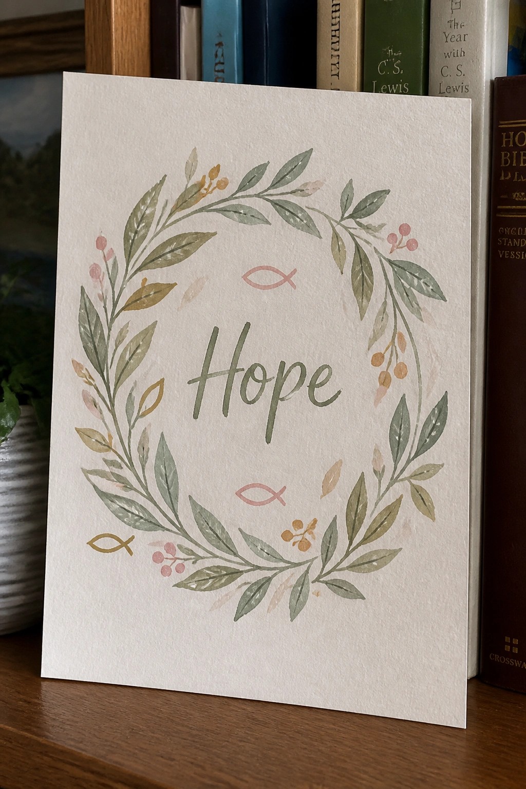 Watercolor wreath of leaves and berries framing 