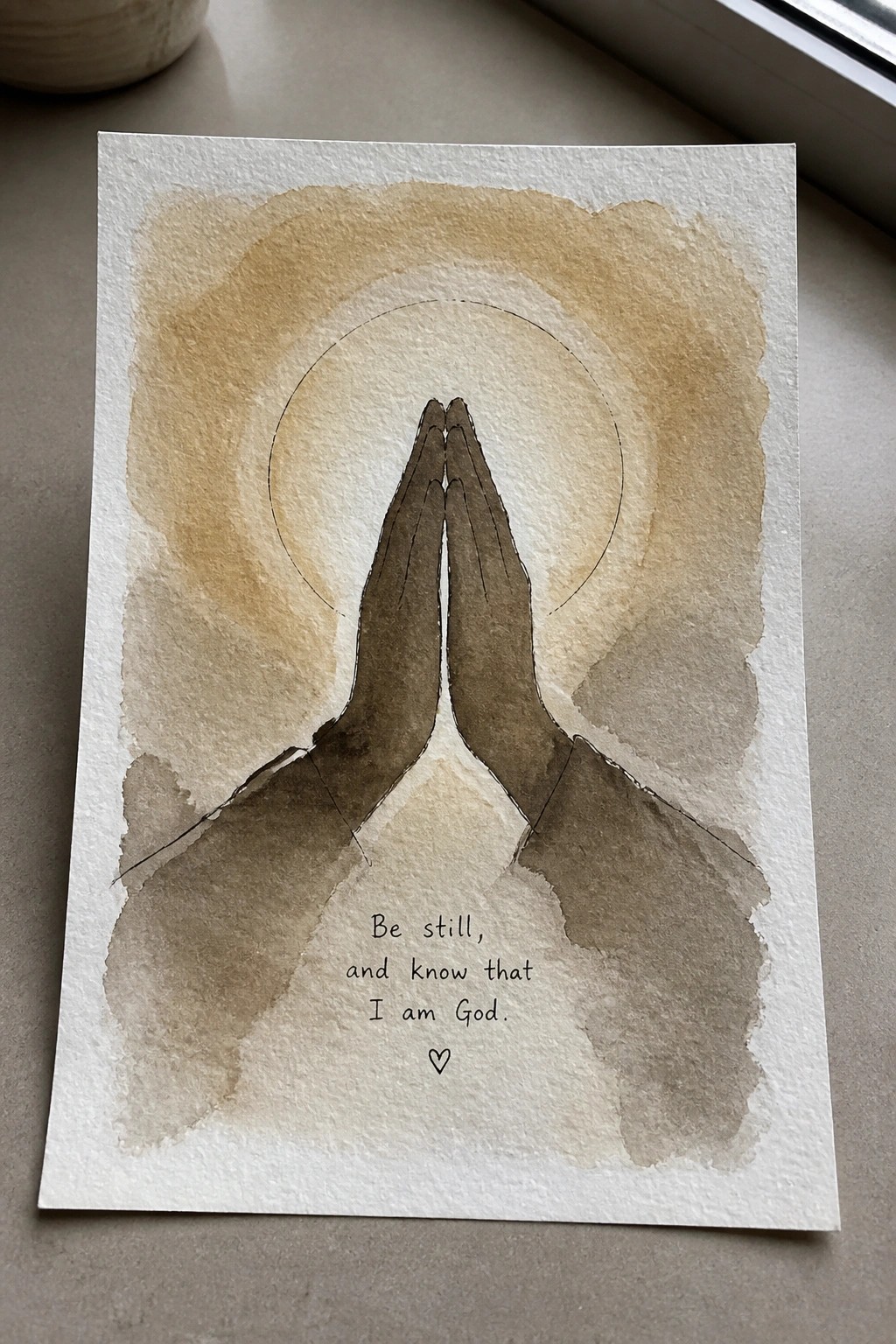 Watercolor painting of praying hands with halo on brown washes above text and heart