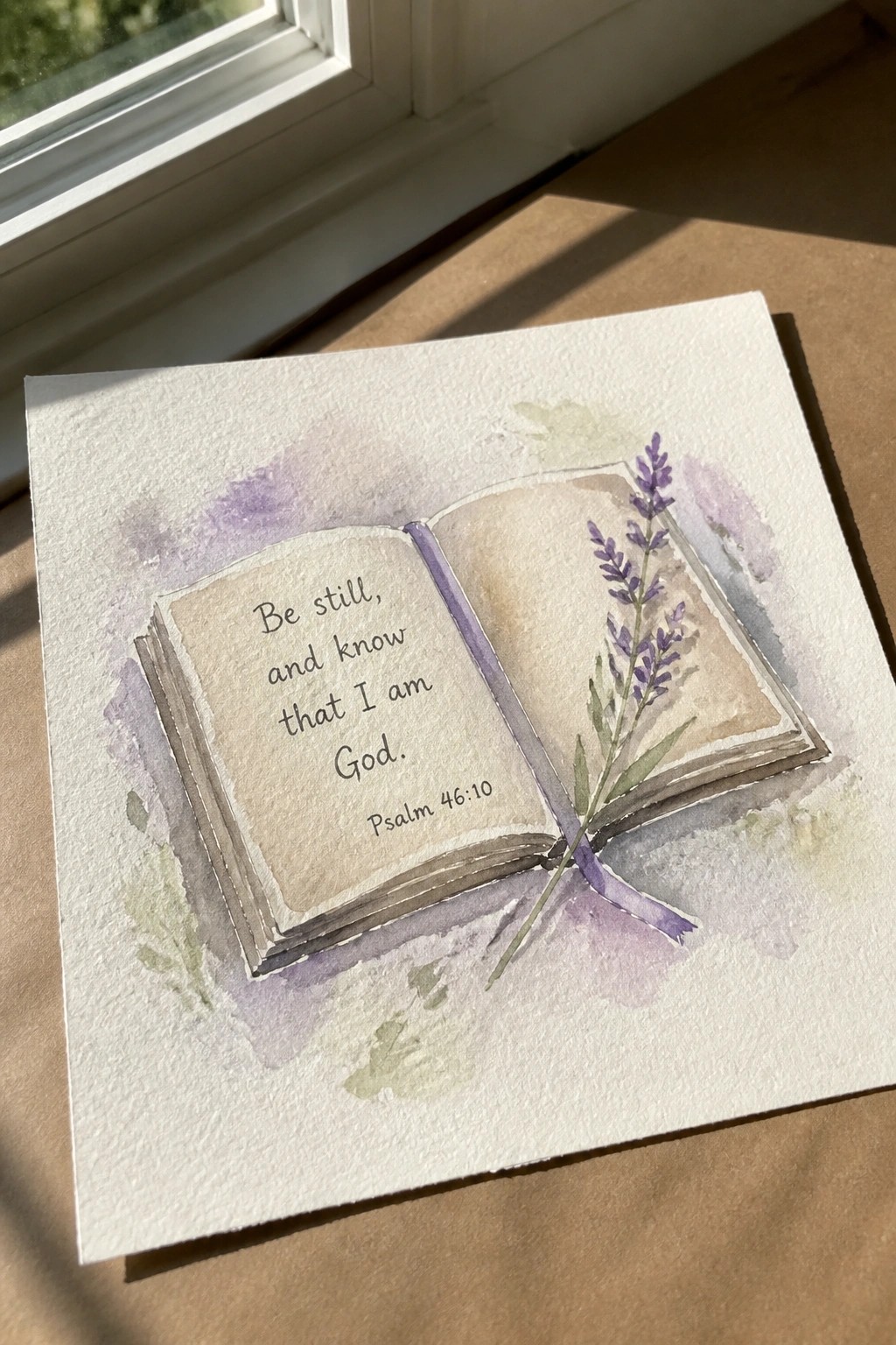 Watercolor of open book with Psalm 46:10 verse and lavender sprig on purple wash