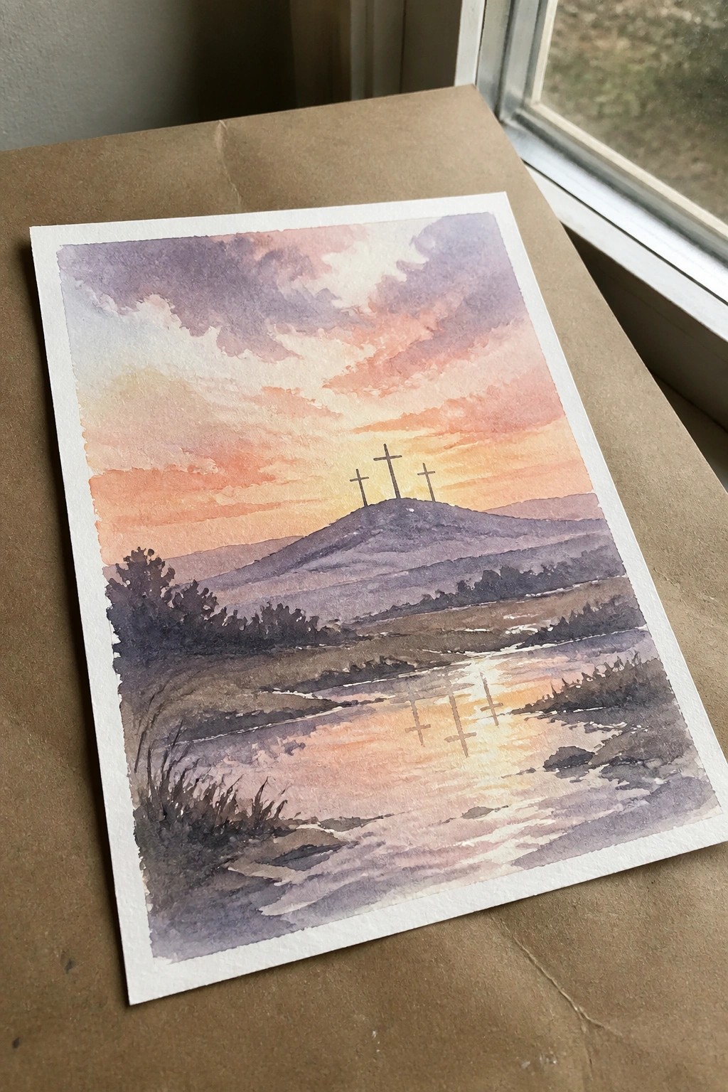 Watercolor of three crosses on a hill reflected in water under orange-pink sunset sky.