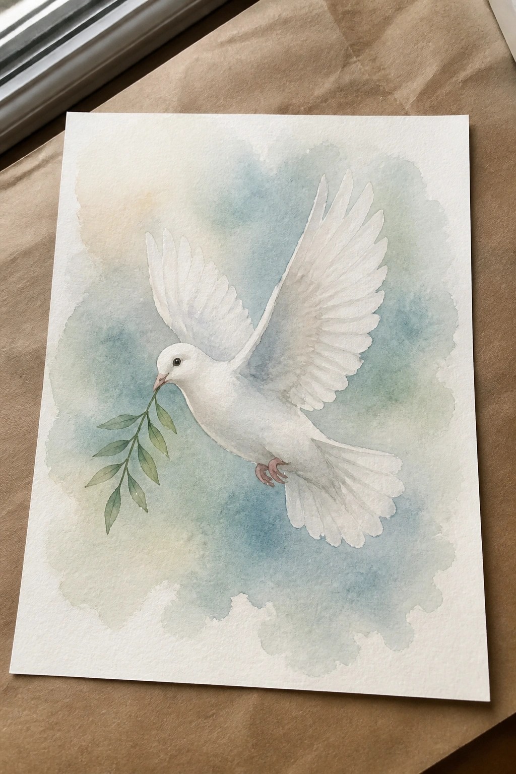 Watercolor painting of white dove flying with olive branch against blue-green wash
