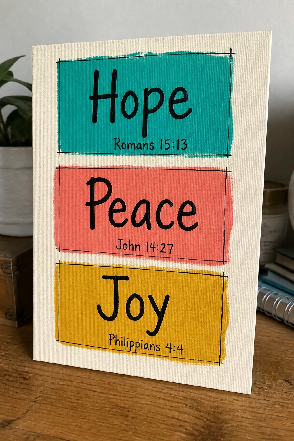 Canvas with teal Hope, coral Peace, and yellow Joy panels and Bible verses