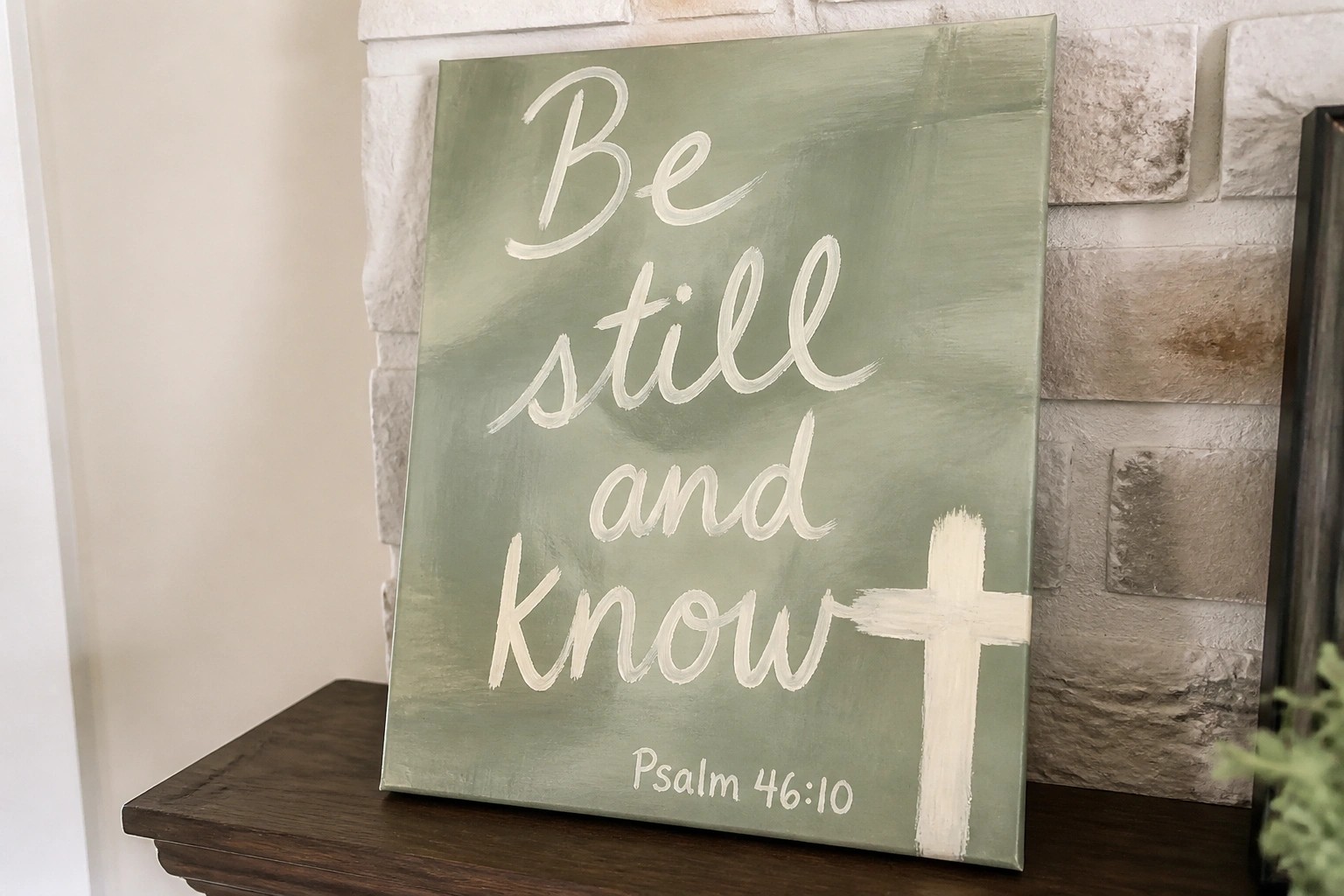 Green canvas with white "Be still and know" text, cross, and Psalm 46:10 on mantel
